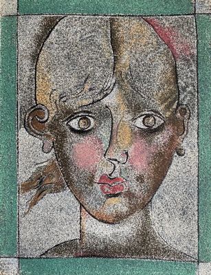 tableau représentant le visage d'une femme dans un cadre carré orné d'une bordure verte