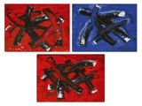 three abstract paintings of different colors and shapes on a white background