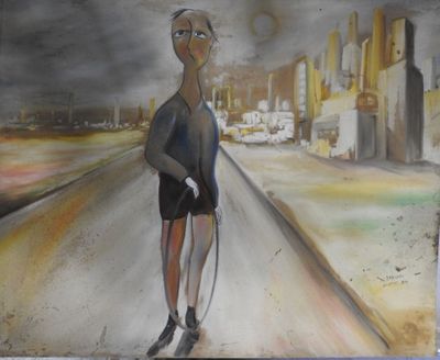 un tableau représentant un homme marchant dans la rue avec une canne