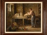 une peinture à l'huile représentant un homme en train de fabriquer des poteries dans un atelier