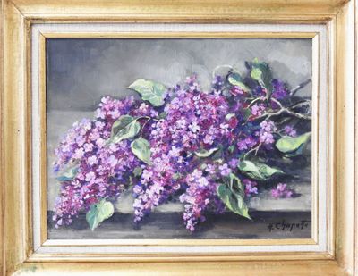 painting of a painting of a bunch of purple flowers in a gold frame
