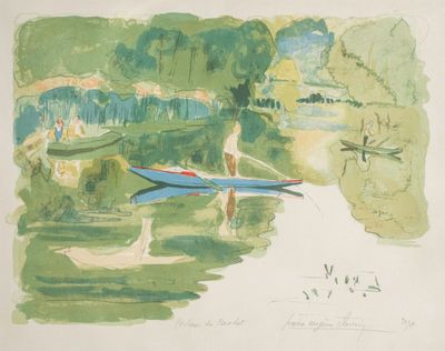 une image représentant une aquarelle montrant deux personnes dans un bateau
