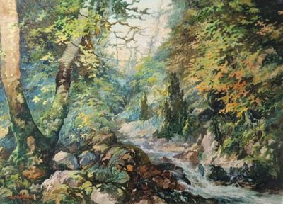 un tableau représentant un ruisseau traversant une forêt