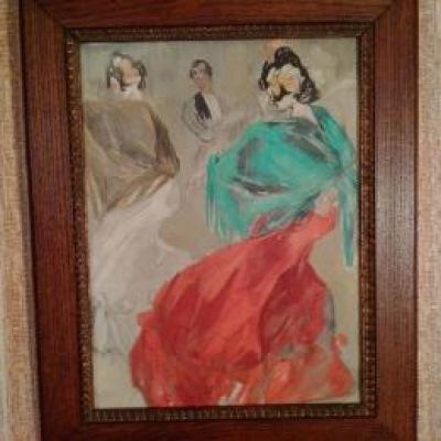 painting of a woman in a red and green dress in a wooden frame