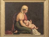 une peinture à l'huile représentant une femme tenant un bébé sur ses genoux