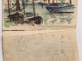 an old book with a drawing of boats in a harbor