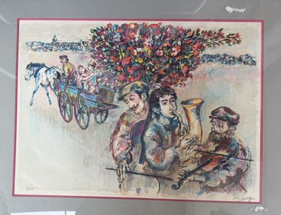 a picture of a painting of a man and a woman riding a horse drawn carriage