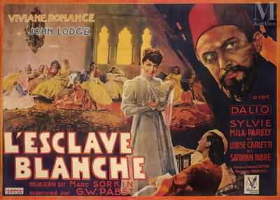 une vieille affiche de cinéma représentant un homme coiffé d'un chapeau rouge et une femme en robe blanche