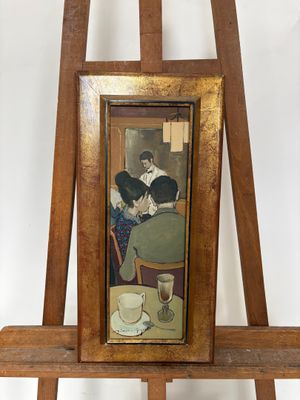 une image représentant un tableau où l'on voit une femme assise à une table, à côté d'une tasse de café