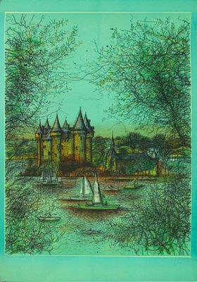 une image représentant un tableau d'un château avec un voilier devant