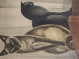 a painting of a cat laying on the floor next to a vase
