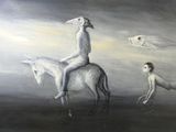 a painting of a man riding a horse and a dog