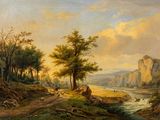 une image représentant un tableau représentant un paysage de montagne avec une rivière