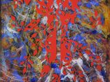 a painting of a cross with red and blue paint on it