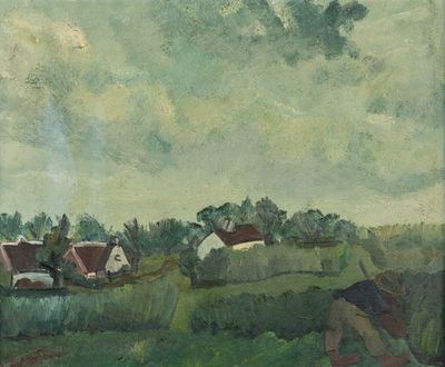 peinture représentant un tableau représentant un paysage avec des maisons au loin