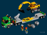 a lego construction set with a truck and a bulldozer on a trailer