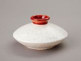 a white and red vase with a red top