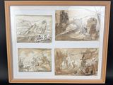 trois dessins encadrés représentant des chevaux et des personnages dans un paysage montagneux