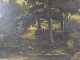 a picture of a painting of a man and a dog in the woods