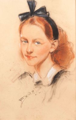 portrait of a young girl with a blue bow in her hair