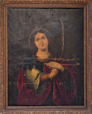 an old painting of a woman holding a sword in her right hand