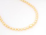 a yellow pearl necklace with a gold clasp on a white background