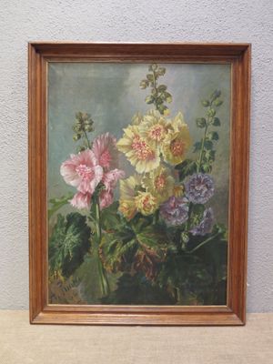 une peinture à l'huile représentant des fleurs dans un vase sur une table
