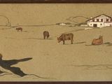 une image représentant un tableau où l'on voit un homme assis dans un champ avec des vaches