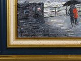 a painting of two people walking in the rain with umbrellas