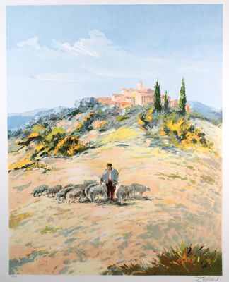 une image représentant un tableau où l'on voit un homme gardant des moutons sur une colline