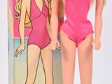une poupée Barbie en maillot de bain rose, debout à côté d'une boîte de Barbie
