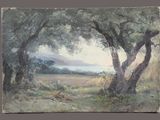une peinture à l'huile représentant un arbre dans un champ, avec un lac en arrière-plan