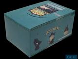 a blue box with a picture of a man and a cat on it