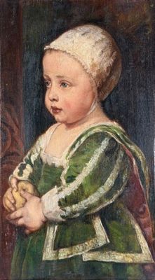 portrait of a young girl in a green dress holding an apple