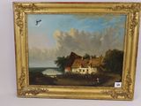 an image of a painting of a farm scene with a bird in the sky