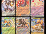 four different pokemon cards are shown in a row on a black background