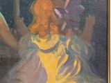 an oil painting of a little girl sitting on a bed next to a mirror