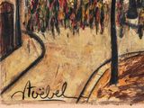 an image of a painting of a city street with people walking down it