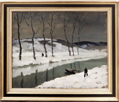 une peinture à l'huile représentant un homme debout dans la neige, près d'une rivière