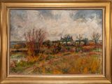 a painting of a field with a house in the distance