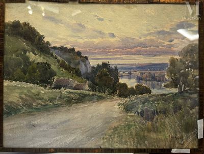 a picture of a painting of a road going down a hill