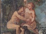 un vieux tableau représentant un couple et un chien dans un cadre boisé