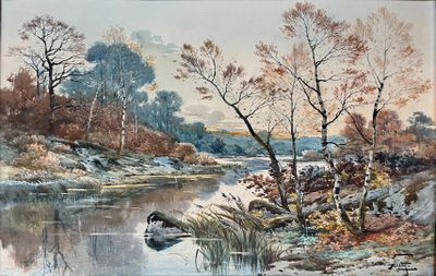 une photo d'un tableau représentant une rivière dans les bois