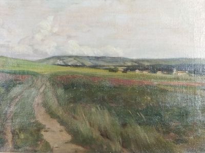 une peinture à l'huile représentant un chemin de terre menant à un champ d'herbe