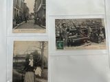 an old photo of a woman standing in front of a bunch of pictures
