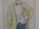 framed drawing of a man in a yellow coat and blue pants