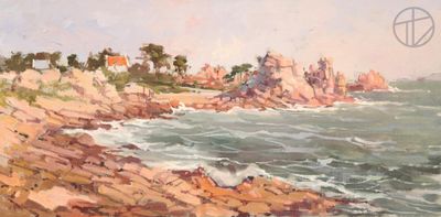 an oil painting of a rocky beach with a lighthouse in the distance