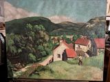un tableau représentant une scène de vie à la ferme, posé sur un chevalet
