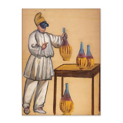 a painting of a man standing next to a table with vases on it