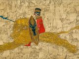 un vieux tableau représentant un homme chevauchant un lion, avec un oiseau en arrière-plan